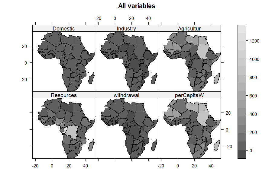 Figure 10: The input water-use variables mapped together. Agricultur, withdrawal and perCapitaW shade the same regions dark; Resources shades a different region, the equatorial belt.