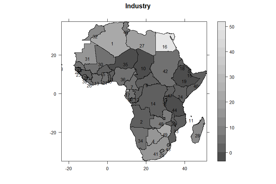 Figure 11: A single factor-index choropleth. The Water-Use index (index1) is dark across North Africa and the Sahel and pale over Central Africa — almost the negative of the Water-Availability index (index2).