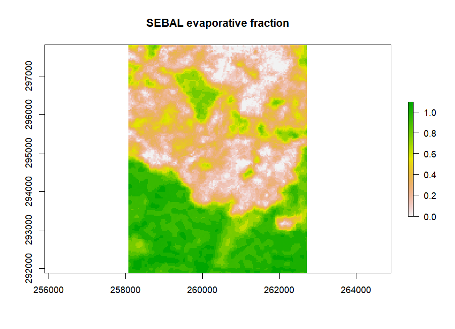 Figure 5: SEBAL evaporative fraction over Kumasi. Green (EF≈1) is wet, freely evaporating vegetation; pink/white (EF≈0) is the dry, built-up city core. Mean EF = 0.52.