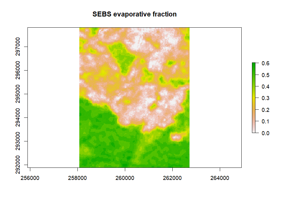 Figure 6: SEBS evaporative fraction on the same scene (mean EF = 0.28). The spatial pattern matches SEBAL — wet south, dry city — but the level is lower, illustrating the between-model spread of Table 5.