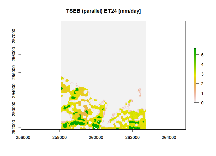 Figure 7: TSEB (parallel) daily evapotranspiration ET24 [mm/day], partitioned internally into soil evaporation and canopy transpiration.
