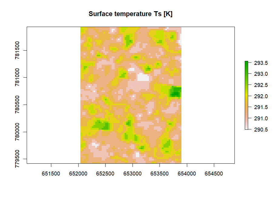 Figure 4: Surface temperature Ts in kelvin, from the thermal band. Hot, dry surfaces evaporate little; cool surfaces are wet or vegetated.