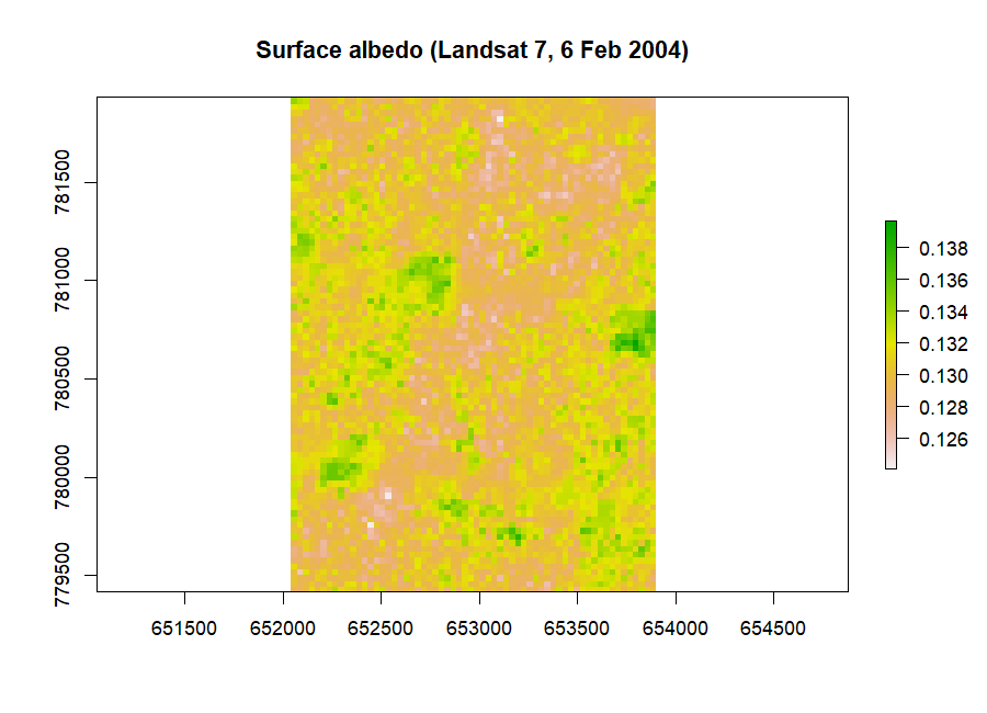 Figure 2: Surface albedo from the Landsat-7 scene (fraction of incoming shortwave reflected).